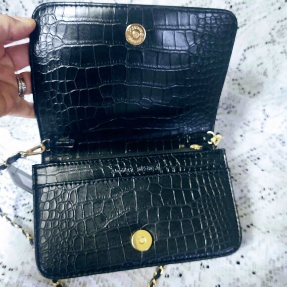 NWT BADGLEY MISCHKA BLACK VEGAN LEATHER CROC EMBOSSED CROSSBODY W/LOGO PLATE $99 - Picture 5 of 11